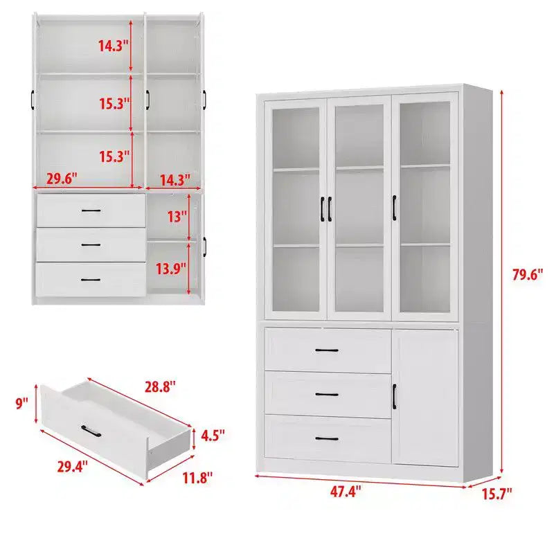 Buffet de cuisine moderne avec portes vitrées, organisateur de cuisine multi-tiroirs, garde-manger avec rangement, assemblage facile, parfait pour tout aménagement de cuisine