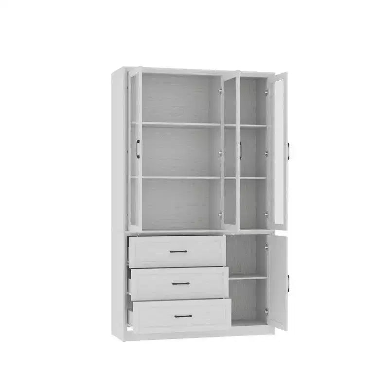 Buffet de cuisine moderne avec portes vitrées, organisateur de cuisine multi-tiroirs, garde-manger avec rangement, assemblage facile, parfait pour tout aménagement de cuisine