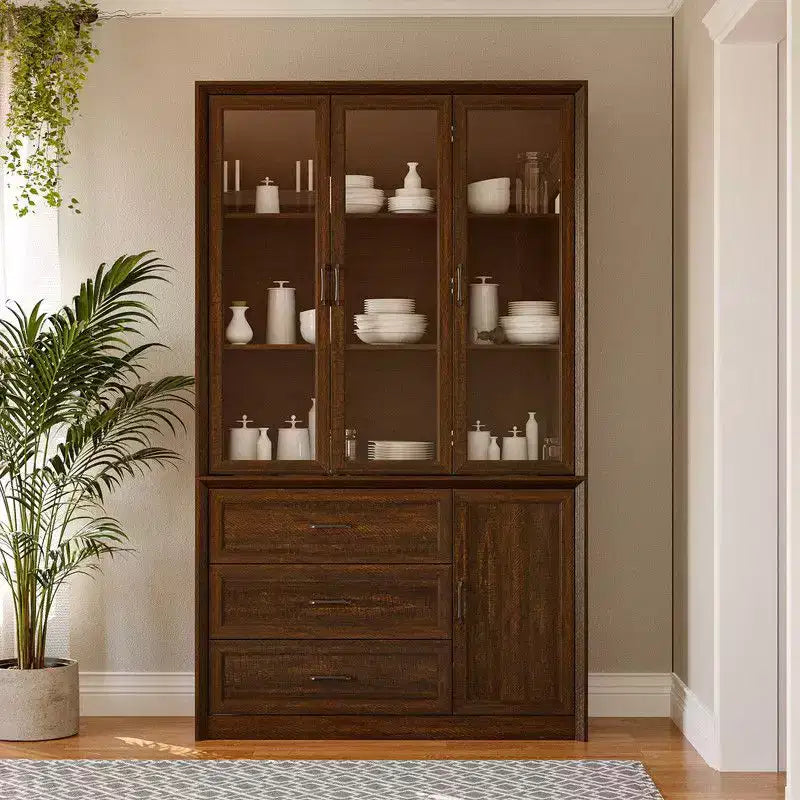 Buffet de cuisine moderne avec portes vitrées, organisateur de cuisine multi-tiroirs, garde-manger avec rangement, assemblage facile, parfait pour tout aménagement de cuisine