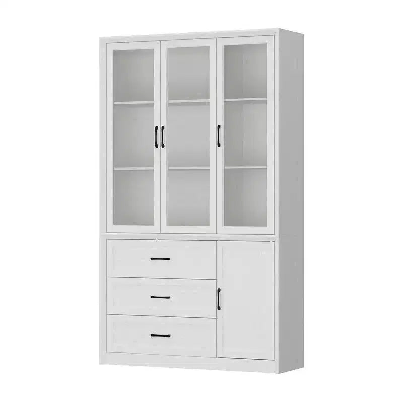 Buffet de cuisine moderne avec portes vitrées, organisateur de cuisine multi-tiroirs, garde-manger avec rangement, assemblage facile, parfait pour tout aménagement de cuisine