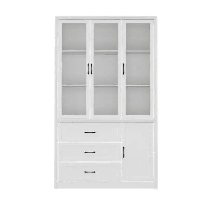Buffet de cuisine moderne avec portes vitrées, organisateur de cuisine multi-tiroirs, garde-manger avec rangement, assemblage facile, parfait pour tout aménagement de cuisine