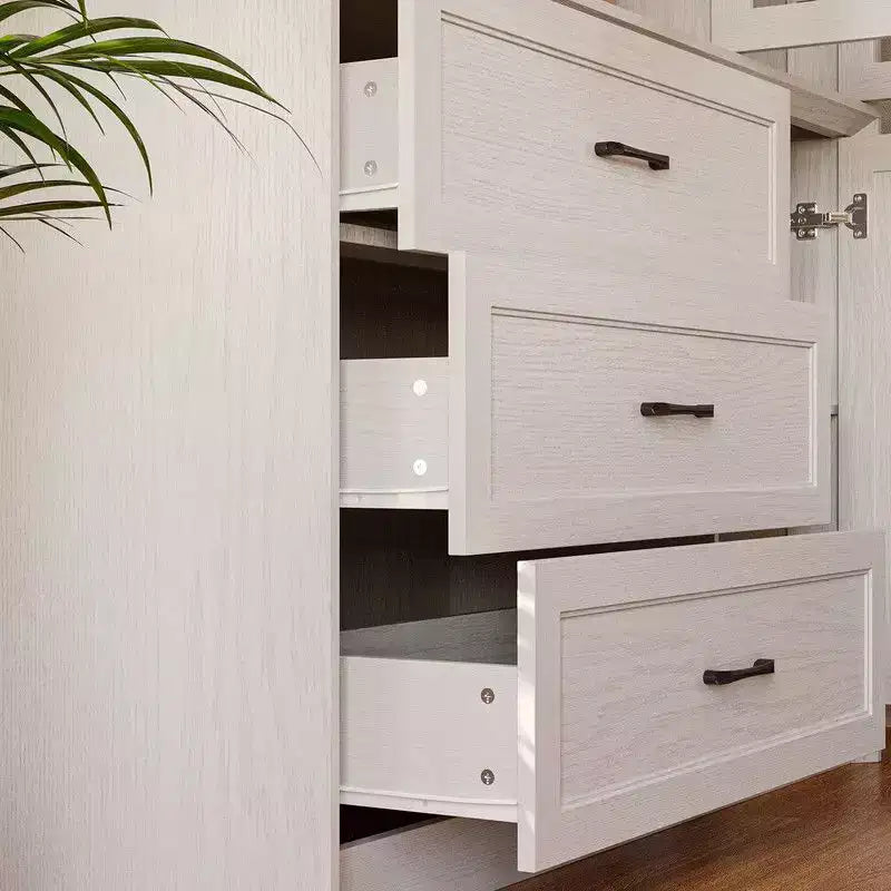 Buffet de cuisine moderne avec portes vitrées, organisateur de cuisine multi-tiroirs, garde-manger avec rangement, assemblage facile, parfait pour tout aménagement de cuisine