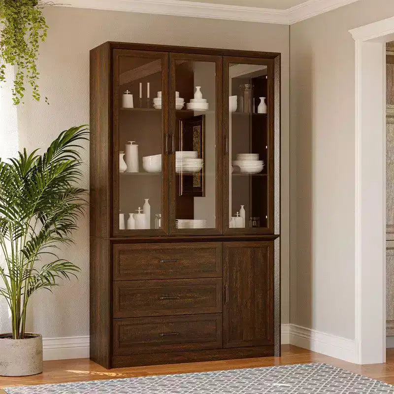 Buffet de cuisine moderne avec portes vitrées, organisateur de cuisine multi-tiroirs, garde-manger avec rangement, assemblage facile, parfait pour tout aménagement de cuisine