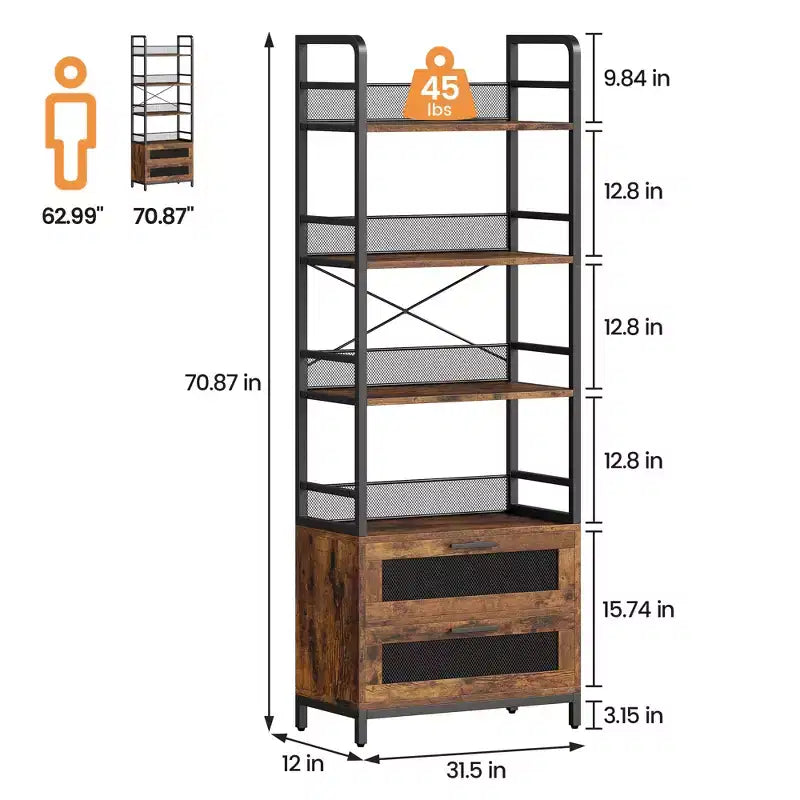 Étagère Bibliothèque Industrielle avec Tiroirs, Bibliothèque Rustique à 4 Niveaux, Étagère de Rangement et de Présentation Haute de 180 cm pour Chambre, Salon, Bureau à Domicile, Marron