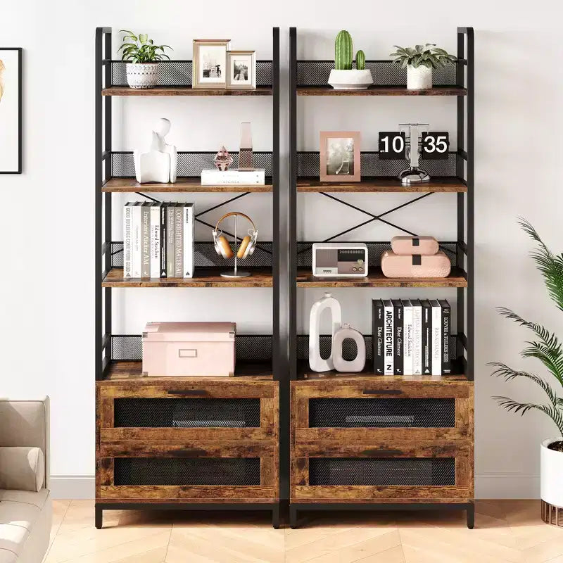 Étagère Bibliothèque Industrielle avec Tiroirs, Bibliothèque Rustique à 4 Niveaux, Étagère de Rangement et de Présentation Haute de 180 cm pour Chambre, Salon, Bureau à Domicile, Marron