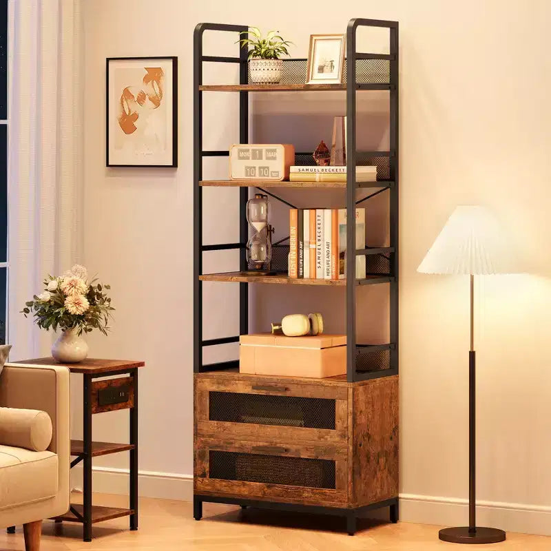 Étagère Bibliothèque Industrielle avec Tiroirs, Bibliothèque Rustique à 4 Niveaux, Étagère de Rangement et de Présentation Haute de 180 cm pour Chambre, Salon, Bureau à Domicile, Marron