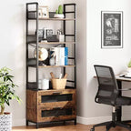 Étagère Bibliothèque Industrielle avec Tiroirs, Bibliothèque Rustique à 4 Niveaux, Étagère de Rangement et de Présentation Haute de 180 cm pour Chambre, Salon, Bureau à Domicile, Marron