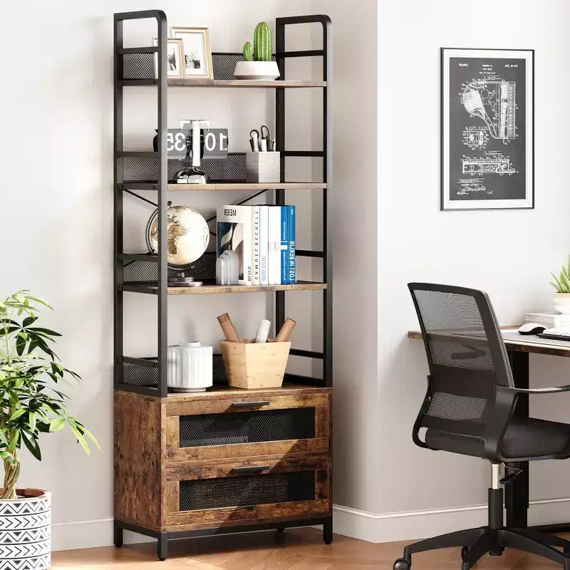 Étagère Bibliothèque Industrielle avec Tiroirs, Bibliothèque Rustique à 4 Niveaux, Étagère de Rangement et de Présentation Haute de 180 cm pour Chambre, Salon, Bureau à Domicile, Marron