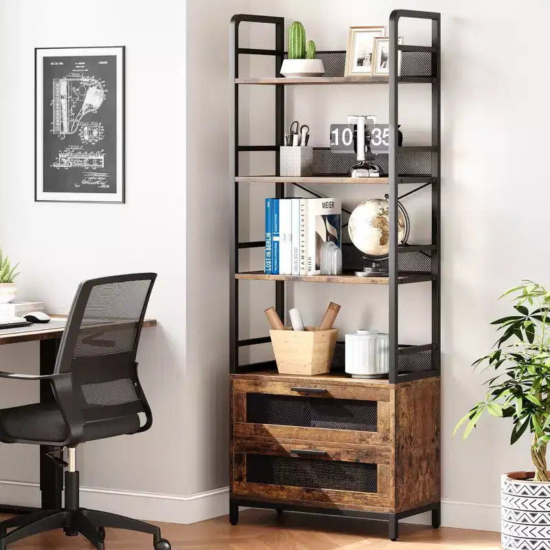 Étagère Bibliothèque Industrielle avec Tiroirs, Bibliothèque Rustique à 4 Niveaux, Étagère de Rangement et de Présentation Haute de 180 cm pour Chambre, Salon, Bureau à Domicile, Marron