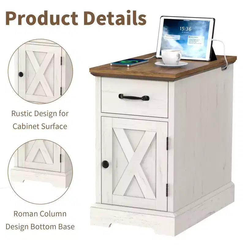Table d'appoint de ferme rustique avec station de recharge et étagères de rangement, parfaite pour les petits espaces