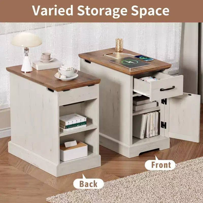 Table d'appoint de ferme rustique avec station de recharge et étagères de rangement, parfaite pour les petits espaces