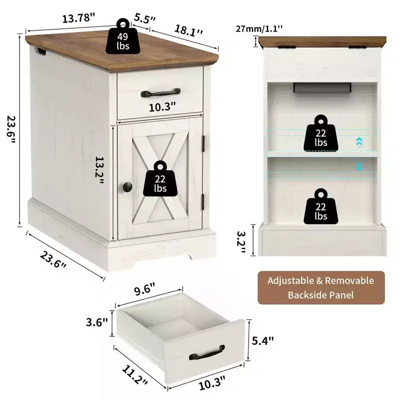 Table d'appoint de ferme rustique avec station de recharge et étagères de rangement, parfaite pour les petits espaces
