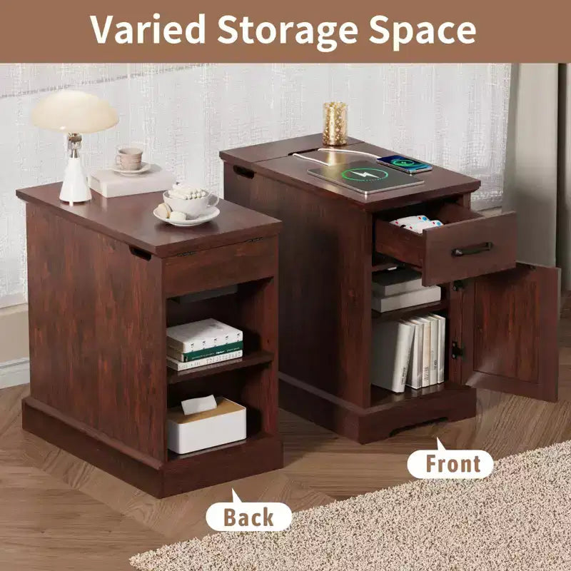 Table d'appoint de ferme rustique avec station de recharge et étagères de rangement, parfaite pour les petits espaces