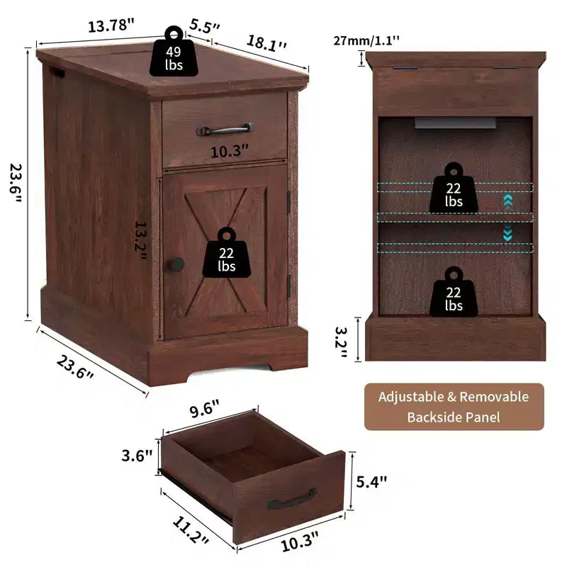 Table d'appoint de ferme rustique avec station de recharge et étagères de rangement, parfaite pour les petits espaces