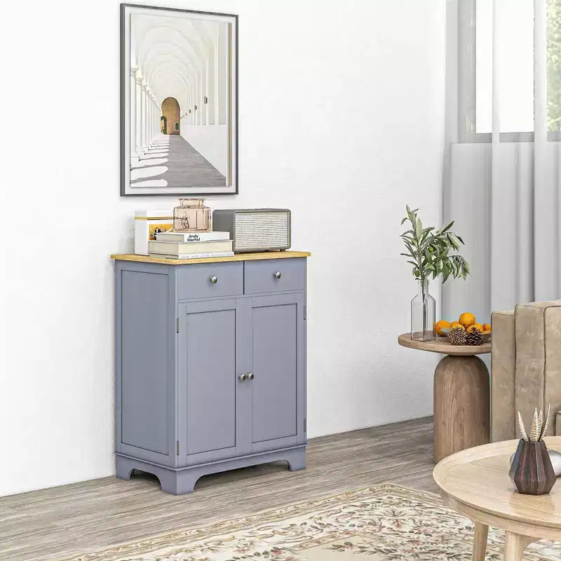 Buffet de cuisine avec double porte, 2 tiroirs et étagère réglable pour le salon, gris