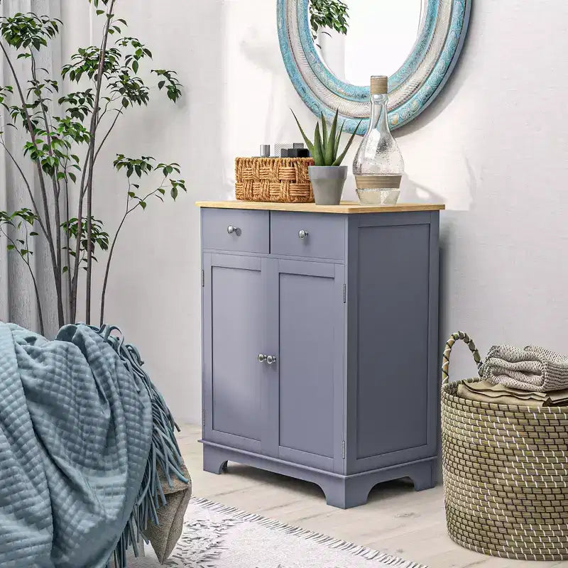Buffet de cuisine avec double porte, 2 tiroirs et étagère réglable pour le salon, gris
