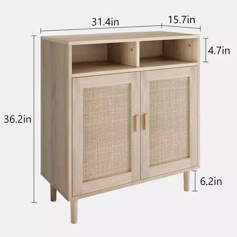 Buffet de cuisine en rotin avec 2 portes et étagères pour salle à manger, salon, entrée et bar à café