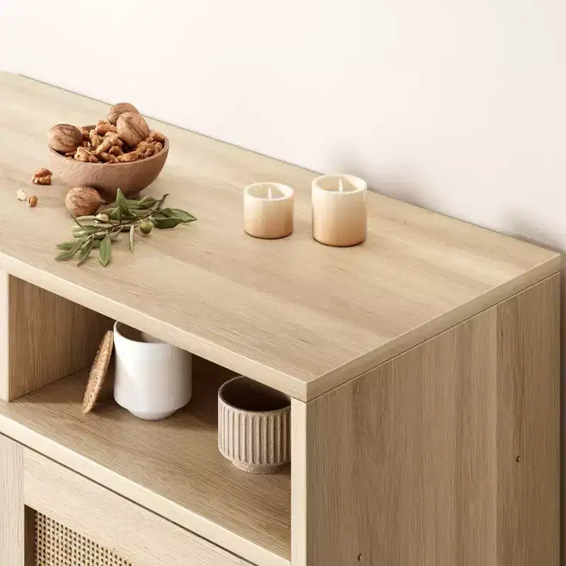 Buffet de cuisine en rotin avec 2 portes et étagères pour salle à manger, salon, entrée et bar à café