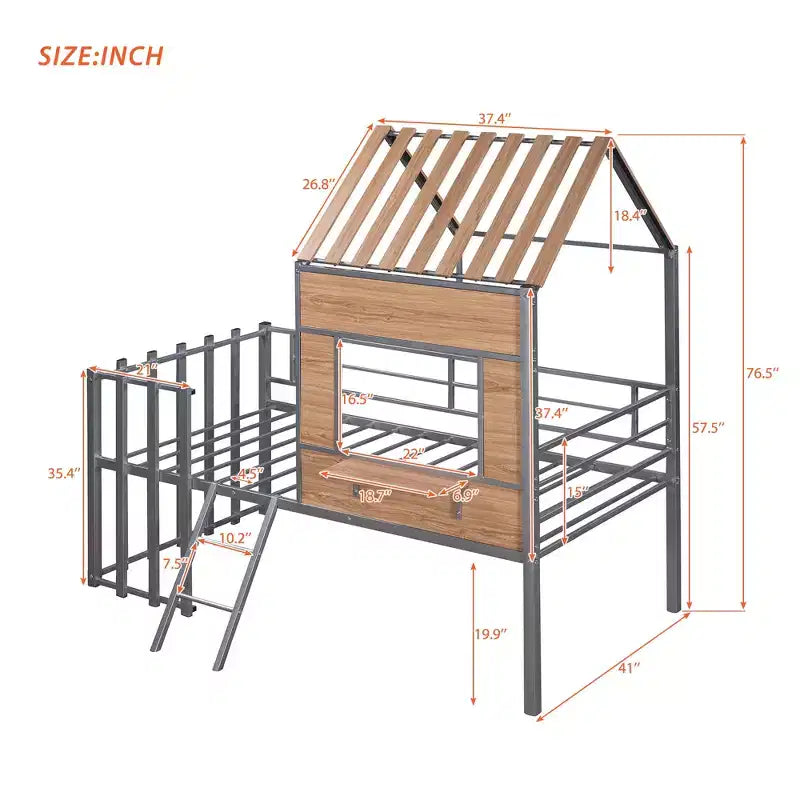 Lit mezzanine Metal House pour enfants, cadre de lit mezzanine double avec toit et fenêtre