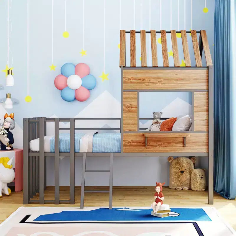 Lit mezzanine Metal House pour enfants, cadre de lit mezzanine double avec toit et fenêtre