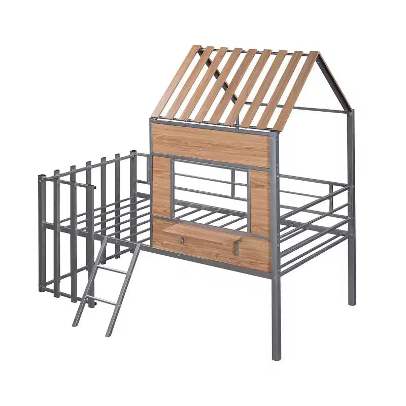 Lit mezzanine Metal House pour enfants, cadre de lit mezzanine double avec toit et fenêtre