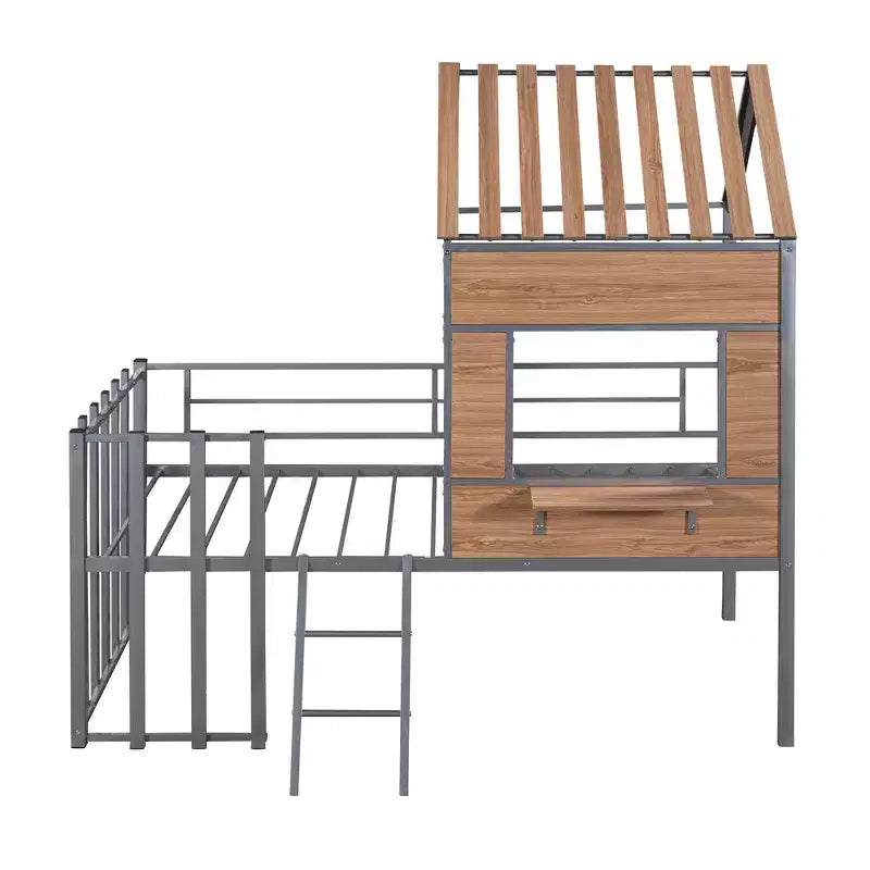 Lit mezzanine Metal House pour enfants, cadre de lit mezzanine double avec toit et fenêtre