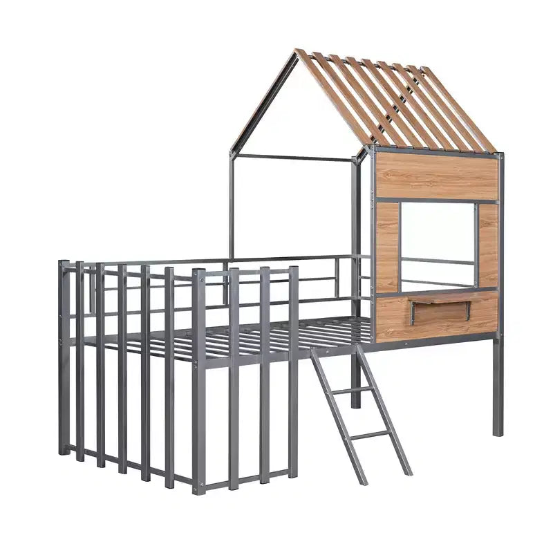 Lit mezzanine Metal House pour enfants, cadre de lit mezzanine double avec toit et fenêtre