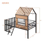 Lit mezzanine Metal House pour enfants, cadre de lit mezzanine double avec toit et fenêtre