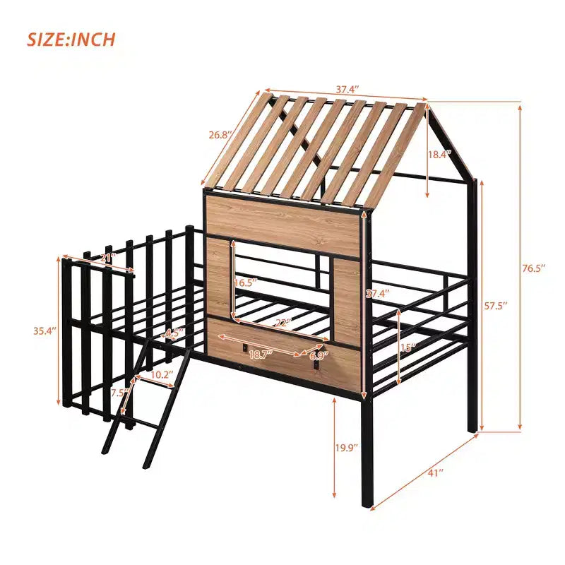 Lit mezzanine Metal House pour enfants, cadre de lit mezzanine double avec toit et fenêtre