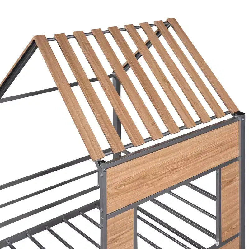 Lit mezzanine Metal House pour enfants, cadre de lit mezzanine double avec toit et fenêtre