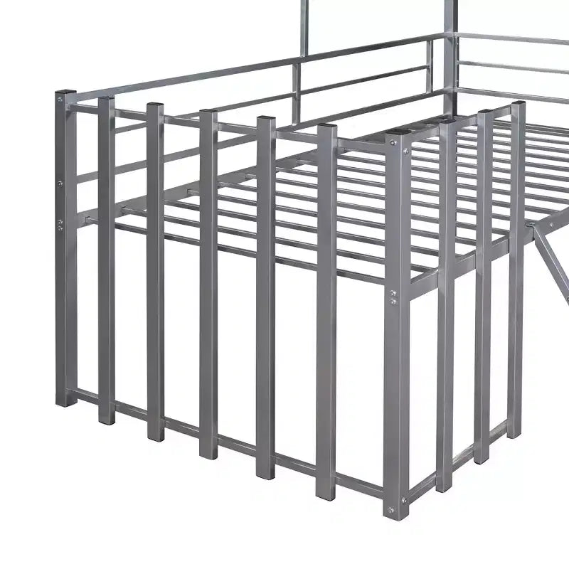 Lit mezzanine Metal House pour enfants, cadre de lit mezzanine double avec toit et fenêtre
