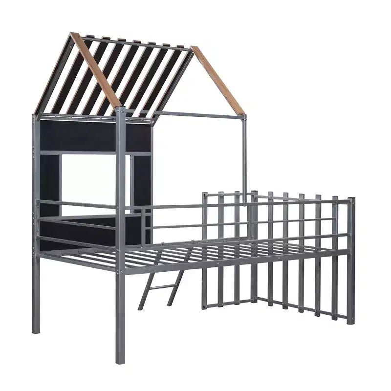 Lit mezzanine Metal House pour enfants, cadre de lit mezzanine double avec toit et fenêtre