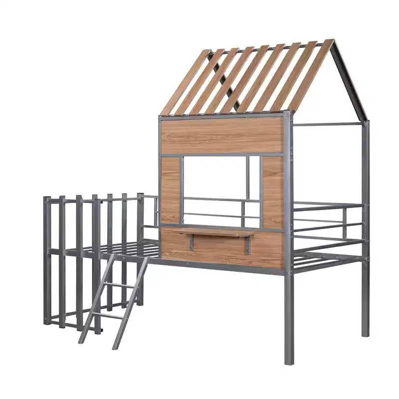 Lit mezzanine Metal House pour enfants, cadre de lit mezzanine double avec toit et fenêtre