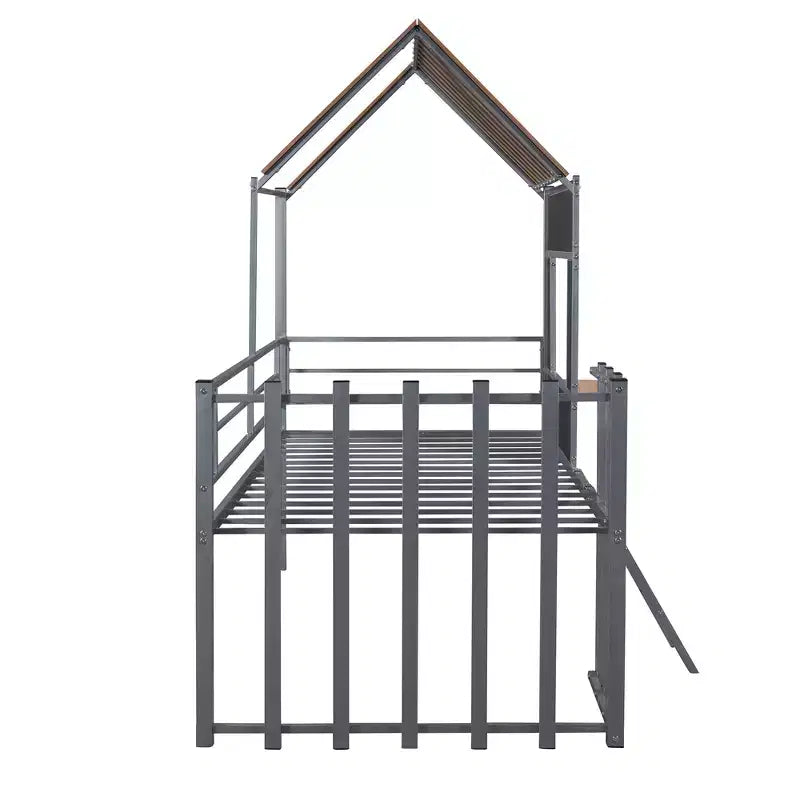 Lit mezzanine Metal House pour enfants, cadre de lit mezzanine double avec toit et fenêtre
