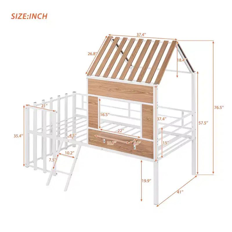 Lit mezzanine Metal House pour enfants, cadre de lit mezzanine double avec toit et fenêtre