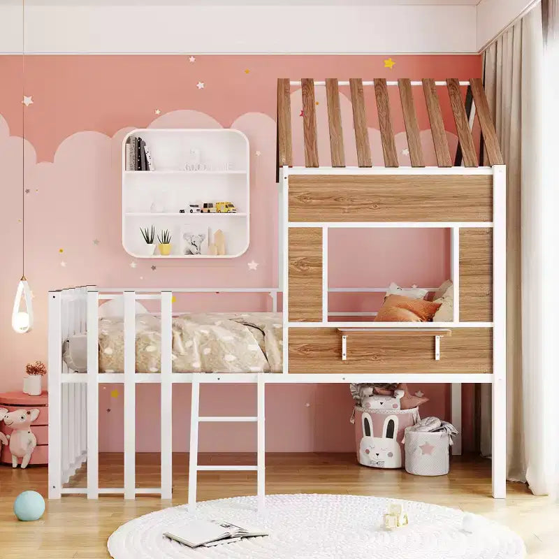 Lit mezzanine Metal House pour enfants, cadre de lit mezzanine double avec toit et fenêtre