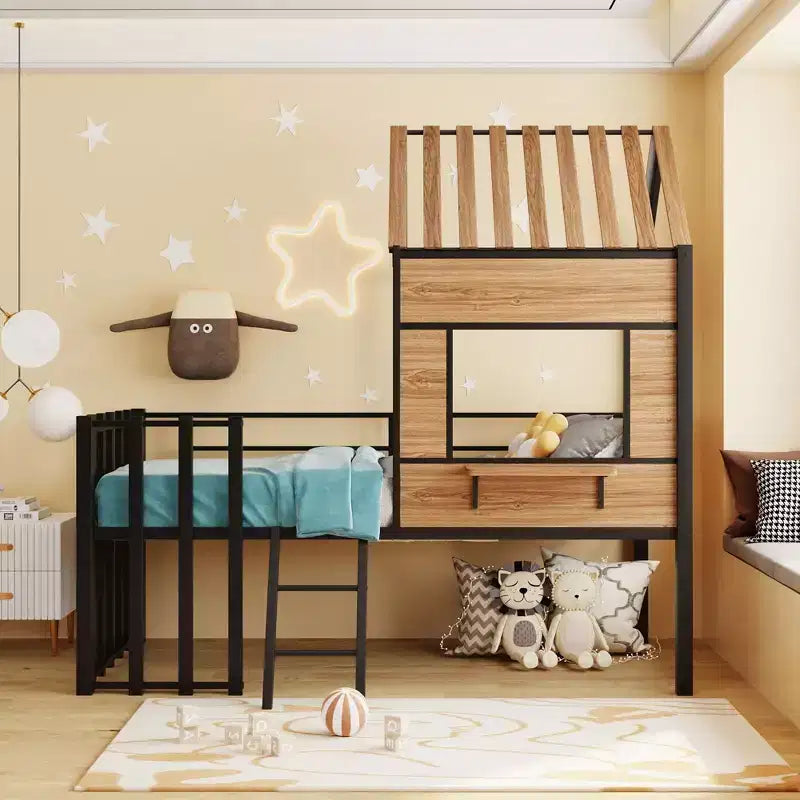 Lit mezzanine Metal House pour enfants, cadre de lit mezzanine double avec toit et fenêtre