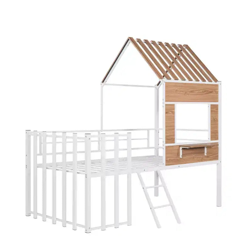Lit mezzanine Metal House pour enfants, cadre de lit mezzanine double avec toit et fenêtre