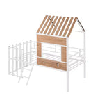 Lit mezzanine Metal House pour enfants, cadre de lit mezzanine double avec toit et fenêtre