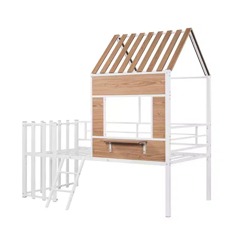 Lit mezzanine Metal House pour enfants, cadre de lit mezzanine double avec toit et fenêtre