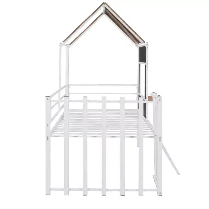 Lit mezzanine Metal House pour enfants, cadre de lit mezzanine double avec toit et fenêtre