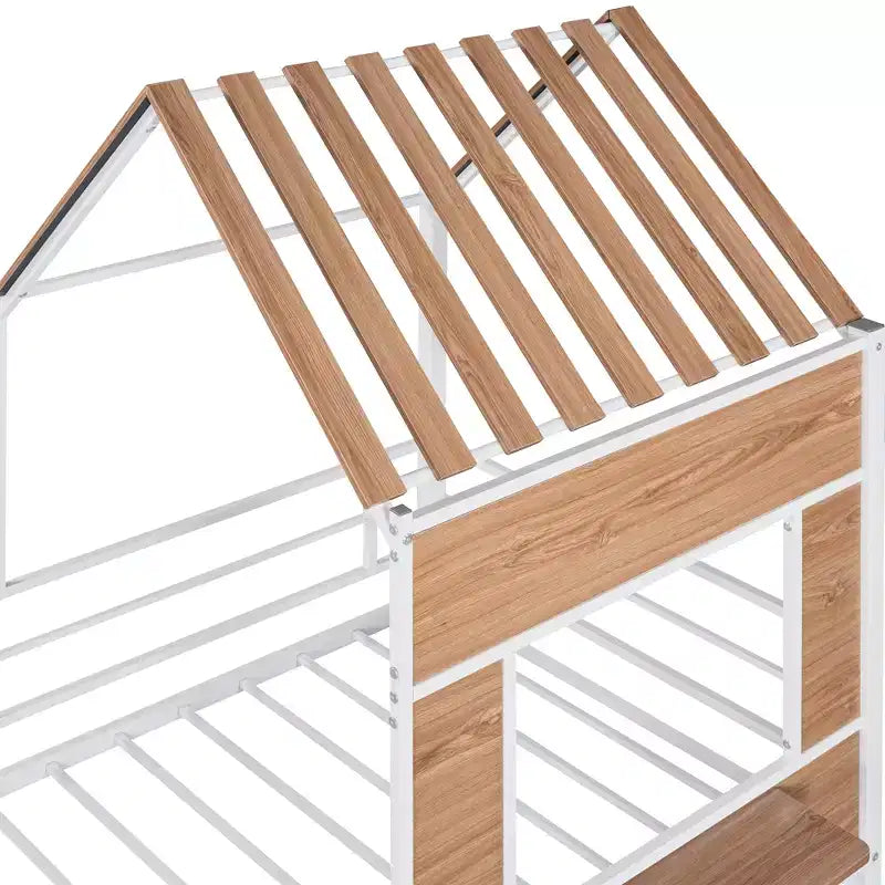 Lit mezzanine Metal House pour enfants, cadre de lit mezzanine double avec toit et fenêtre