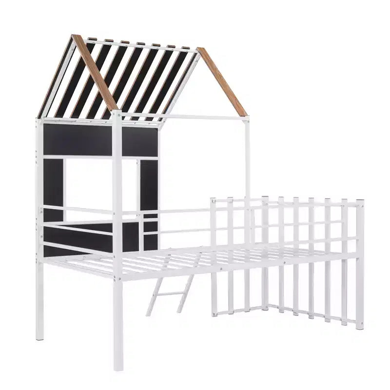 Lit mezzanine Metal House pour enfants, cadre de lit mezzanine double avec toit et fenêtre