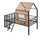 Lit mezzanine Metal House pour enfants, cadre de lit mezzanine double avec toit et fenêtre
