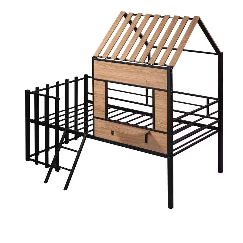 Lit mezzanine Metal House pour enfants, cadre de lit mezzanine double avec toit et fenêtre