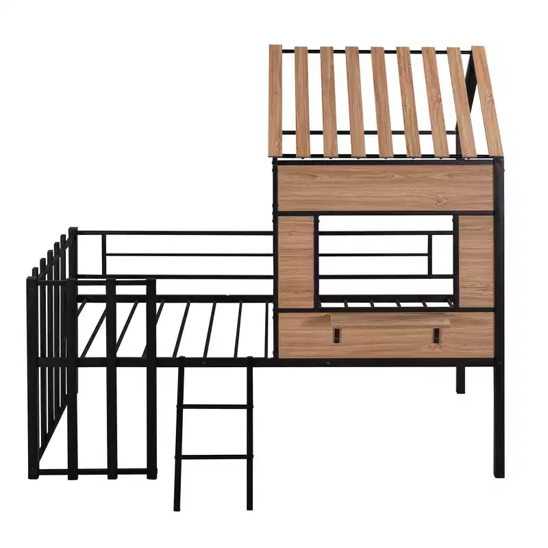 Lit mezzanine Metal House pour enfants, cadre de lit mezzanine double avec toit et fenêtre
