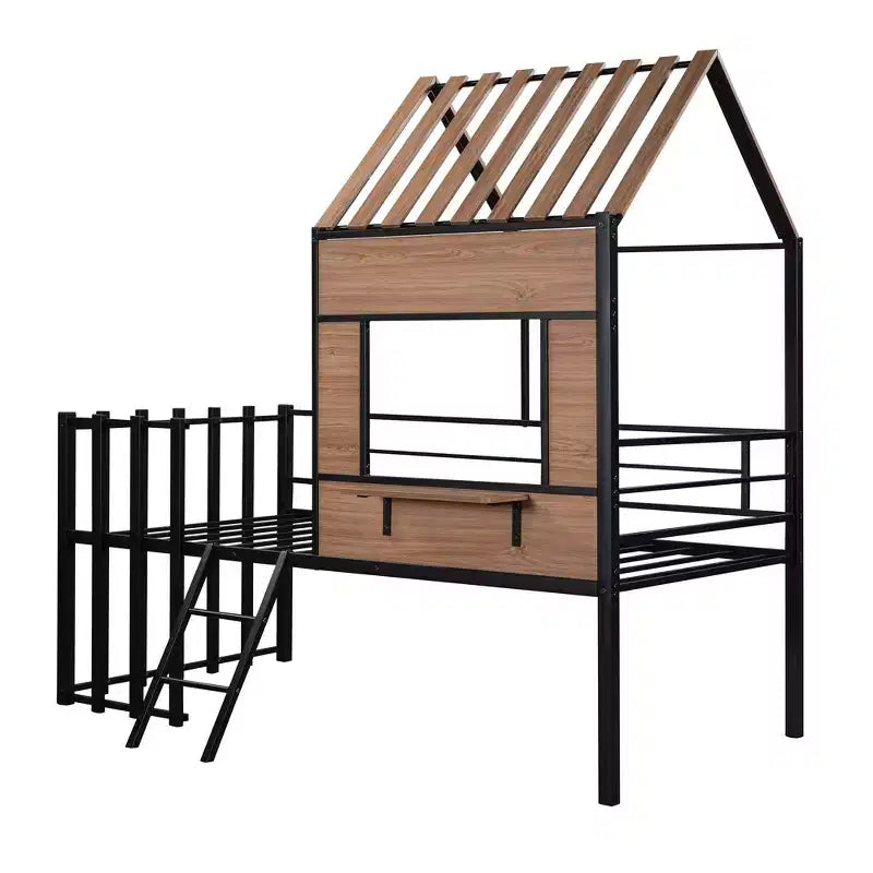 Lit mezzanine Metal House pour enfants, cadre de lit mezzanine double avec toit et fenêtre