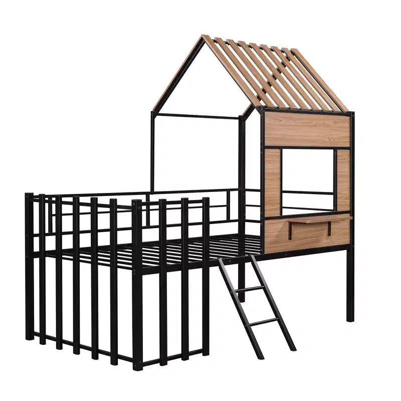 Lit mezzanine Metal House pour enfants, cadre de lit mezzanine double avec toit et fenêtre