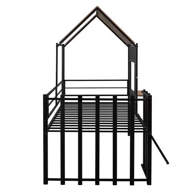 Lit mezzanine Metal House pour enfants, cadre de lit mezzanine double avec toit et fenêtre