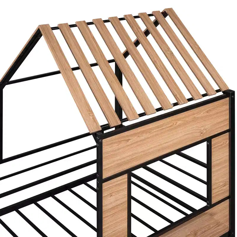 Lit mezzanine Metal House pour enfants, cadre de lit mezzanine double avec toit et fenêtre